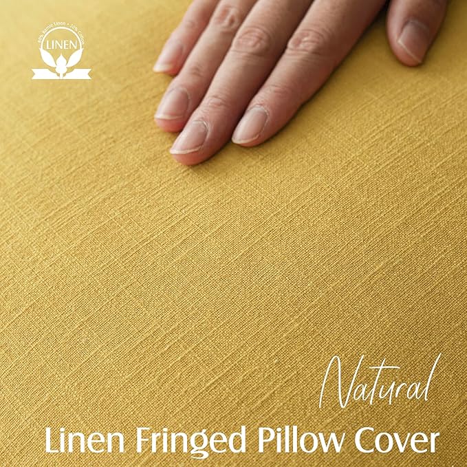 Foindtower Set of 2 Decorative Linen Fringe Throw Pillow Covers Cozy Boho Farmhouse Cushion Cover with Tassels Soft Accent Pillowcase for Couch Sofa Bed Living Room Home Decor,18×18 Inch,Ginger Yellow