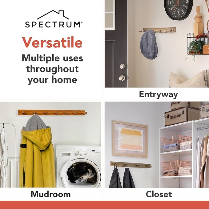 Spectrum Coat Rack Wall Mount 4 Peg Wooden Pegs Organizer for Hanging Coats Hats Bags Towels Jackets Purses, Easy Install Wall Mounted Peg Rack Hanger for Closet Entryway Bedroom Storage, Greige
