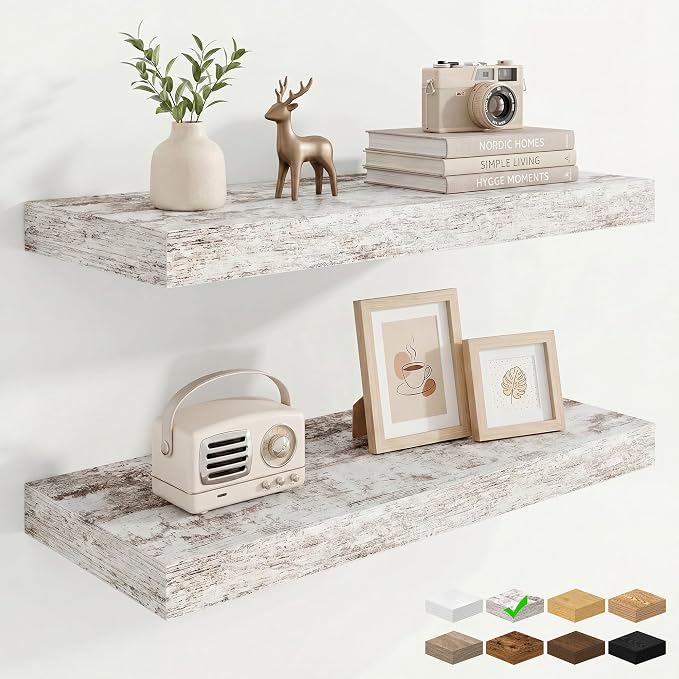 24in Floating Shelves for Wall, 24"W x 9.25"D x 1.25"H, 2 Pack Long Wall Mounted Engineered Wood Shelves with Invisible Brackets for Living Room, Bedroom, Bathroom, Kitchen, Vintage White