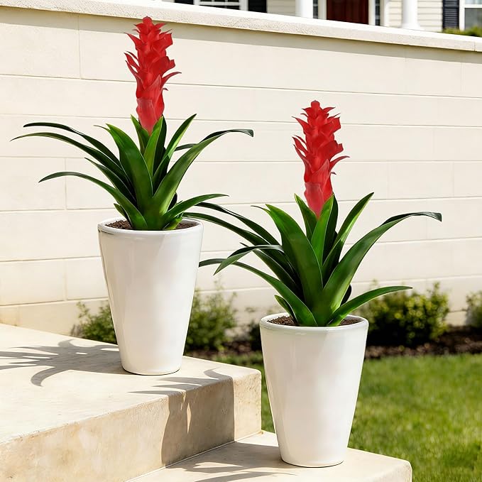 Ivydale Fake Flowers Plants for Outdoors, 2 Pcs 16.93" Bromeliad Artificial Flowers Uv Resistant Realistic Faux Flowers for Outdoor Planters Outside Porch Patio Yard Garden Indoor Decoration(Red)