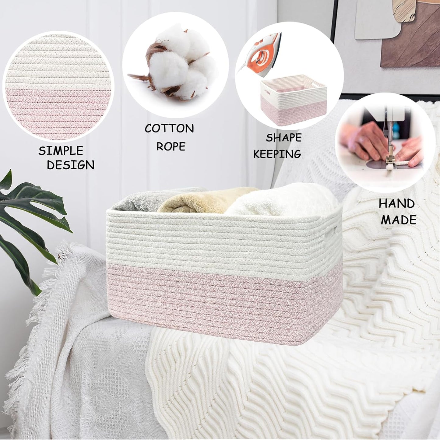 COMFY-HOMI Cotton Rope Woven Basket with Handles for Shelves,Toys,Book, Cloth Storage Baskets for Organizing-17" x 13" x 7.5" Toy Decorative Organizer for Living Room, Bathroom （white/pink）