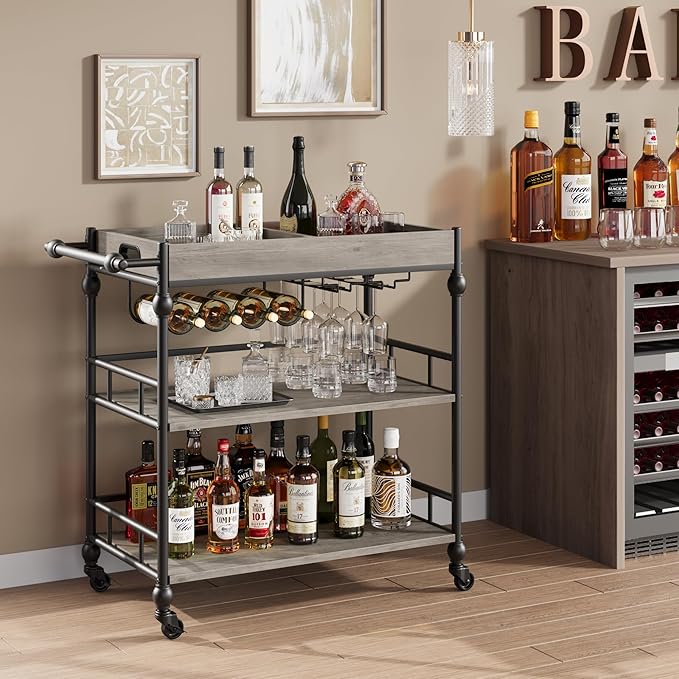IDEALHOUSE Bar Cart, Bar Carts for the Home, 3 Tier Bar Cart with Wheels, Portable Home Bar & Serving Carts, Rolling Cart with Wine Rack and Removable Tray for Living Room, Kitchen, Dining Room
