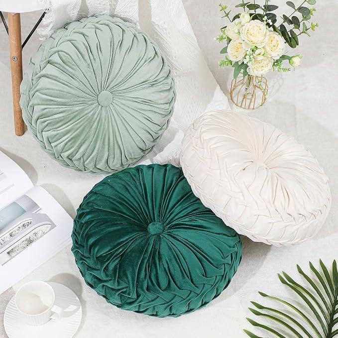 Drydiet 3 Pcs Round Throw Velvet Pillows Decorative Pleated Throw Pillows Diameter Accent Pumpkin Boho Chair Cushion for Couch Sofa Home Decoration (White,Light Green,Green,15'')