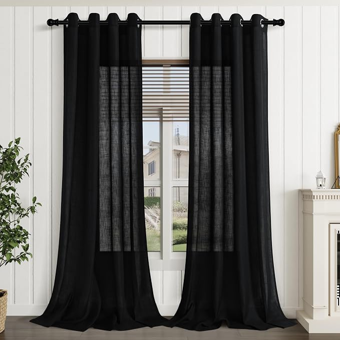Aersas Black Curtains 90 Inches Long 2 Panels for Living Room Home Office Light Filtering Grommet Linen Drapes Modern Farmhouse Neutral Halloween Semi Sheer 90 Inch Length Curtains for Bedroom