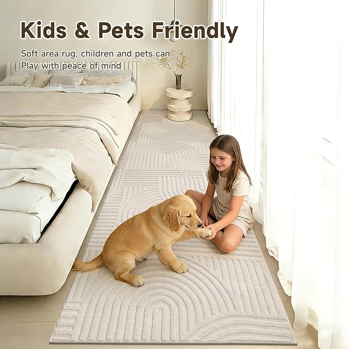 Pauwer 3x10 Washable Area Rugs for Living Room Modern Beige Solid Color Soft Fluffy Rugs for Bedroom Non Slip Boho Accent Indoor Mat Floor Carpet Cover for Kids Dining Room Kitchen Office