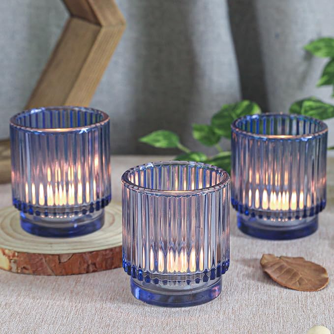 Vintage Ribbed Blue Glass Tealight & Votive Candle Holders (Set of 12), Wedding Bridal Shower Party Table Decor, Fall Decor, Boho Decor, Shelf Decoration