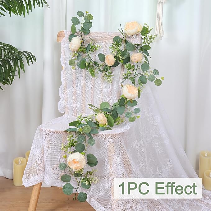 SOMYTING Artificial Flower Garlands Eucalyptus Garlands with Flowers Rose Peony Flower Vine Faux Floral Garland for Wedding Party Arch Table Wall Backdrop Decoration (Champagne, 2PCS)
