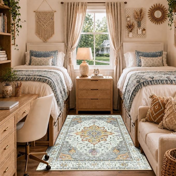 RELEANY Area Rugs 3'x5' Washable Non-Slip, Floral Vintage Distress Medallion Carpet for Living Room Bedroom Dining Room, Beige Carbon Grey Orange