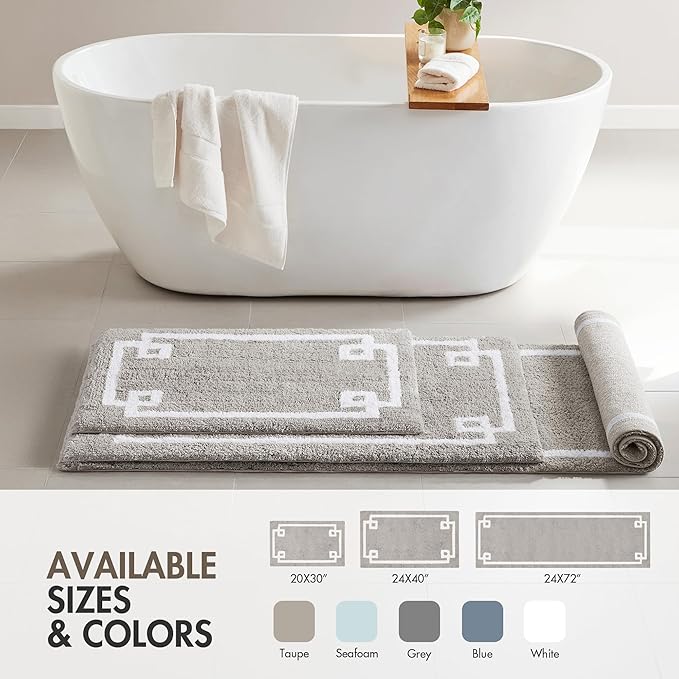 Madison Park Evan 100% Cotton Bathroom Rug Non Slip Backing-Luxrurious Tufted Plush Bath Mat Absorbent, Quick Dry, Spa Design Shower Room Décor, 24x72, Grey