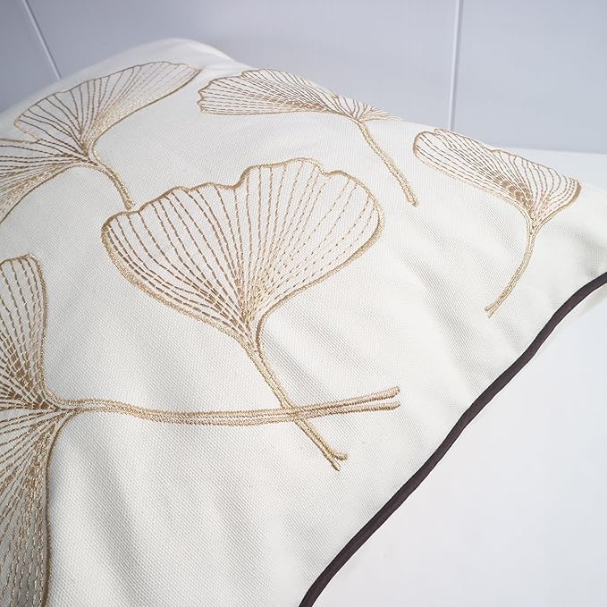 Embroidery Throw Pillow Covers 18x18 Fine Thread Golden Ginkgo Leaves Home Decor Floor Pillow Cover for Couch 100% Cotton Cushion Cover Embroidered Throw Pillow Case 45x45cm, 2 Pieces