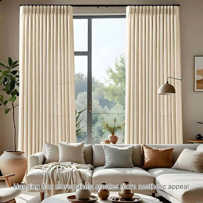 Pinch Pleated Linen Curtains 96 Inches Long for Living Room, Sand Beige Light Filtering Pleat Drapes Textured Thick Ceiling Semi-Sheer Window Curtain with Hooks for Bedroom Farmhouse, 2 Panels