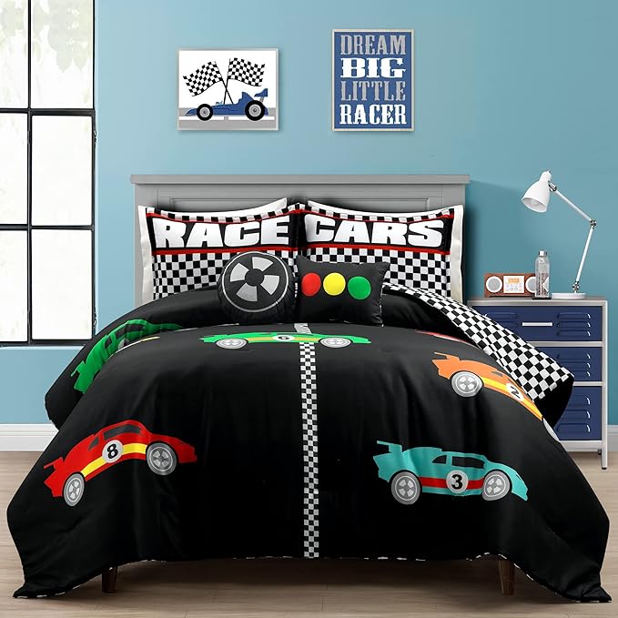 Lush Decor Racing Cars Reversible Comforter Queen Size 5 Piece Set Full/Queen Black & Multi - Kids Bedding Set Queen Comforter - Car Decor