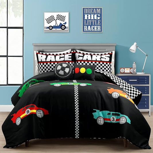 Lush Decor Racing Cars Reversible Comforter Queen Size 5 Piece Set Full/Queen Black & Multi - Kids Bedding Set Queen Comforter - Car Decor