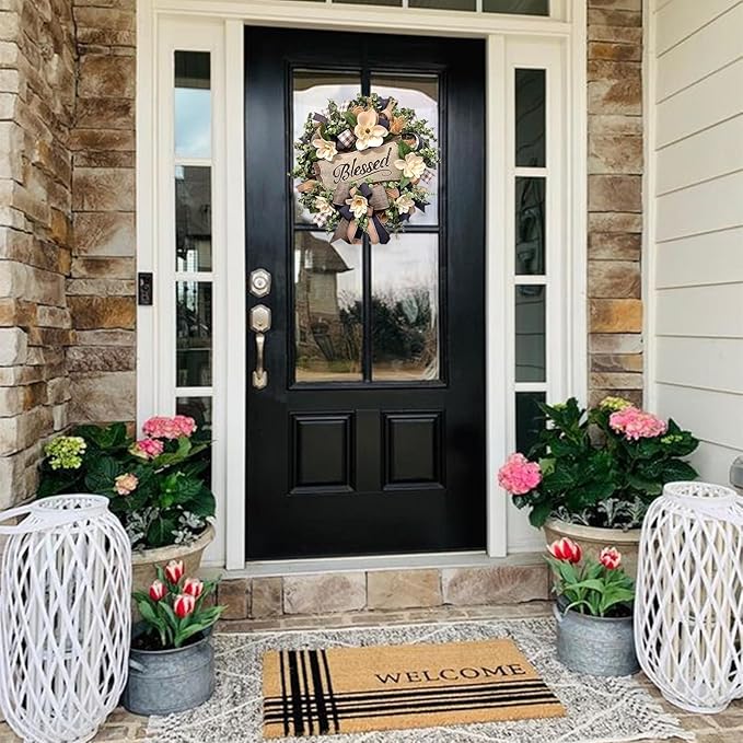 Spring Summer Wreath for Front Door,Farmhouse Magnolia Porch Decoration,Front Door Hanger,Housewarming Gift, Buffalo Plaid Year Round Wreath,Summer Home Decor