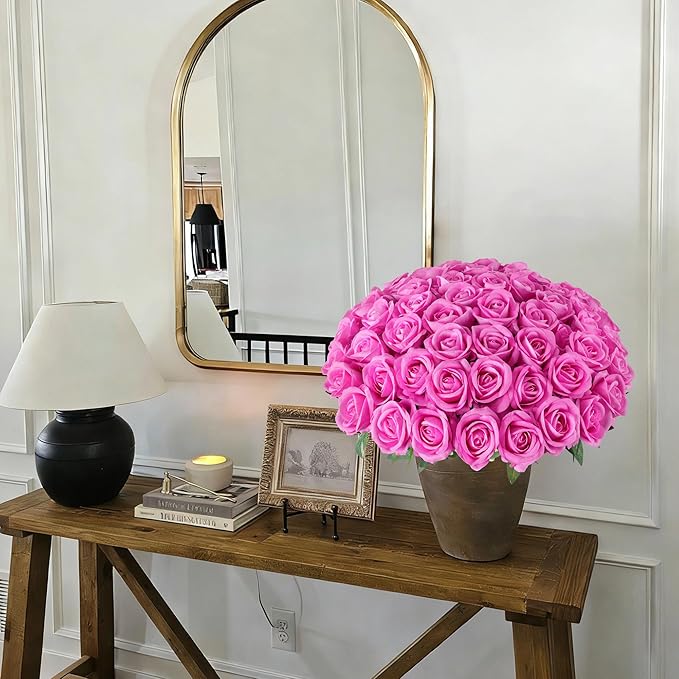 HyeFlora 50 PCS Roses Artificial Flowers, Fake Roses with Stem Realistic Hot Pink Silk Rose for DIY Wedding Bouquets Table Centerpieces Arrangements Baby Shower Birthday Home Decor for Her