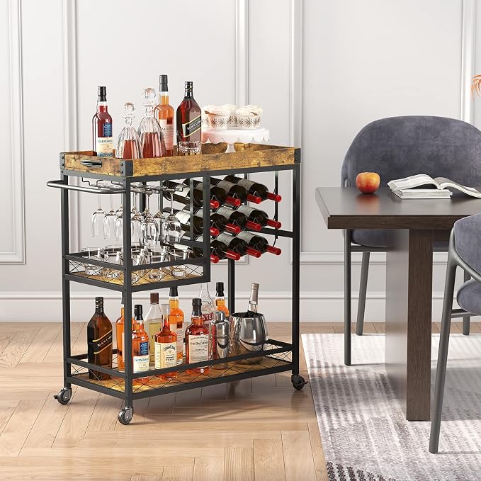 Lifewit Bar Cart, Home Bar Serving Cart, 3 Tier Drink Cart with 12 Wine Bottle Racks, Liquor Beverage Cart for Kitchen Dining Livingroom, 30 x 15.7 x 36.6 inch, Removable Top Tray, Rustic Brown