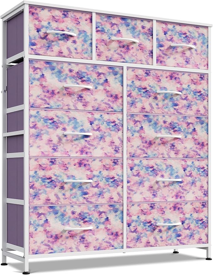 WLIVE Storage Organizer Unit with 11 Fabric Bins, Storage Drawers Organizer with Steel Frame, Tall Storage Tower Organizaton for Living Room, Hallway, Office, Tie-dye Print (Pink, Purple, Blue)