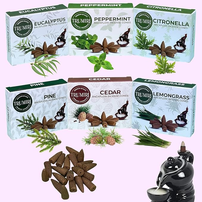 Leafy - Backflow Incense Cones for Waterfall - Scented Inscents-Cones - Peppermint, Citronella, Pine, Cedar, Eucalyptus, Lemongrass - Insiensos Aromaticos - 6x10=60 Large Variety Pack