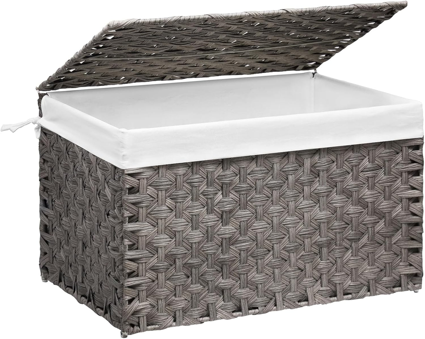 Wicker Storage Basket with Lid, 42.3 Gallon (160L) Large Blanket Basket with Lid, Woven Storage Bin with Handles, Removable Liner, Metal Frame, Foldable, for Bedroom, Laundry Room, Grey