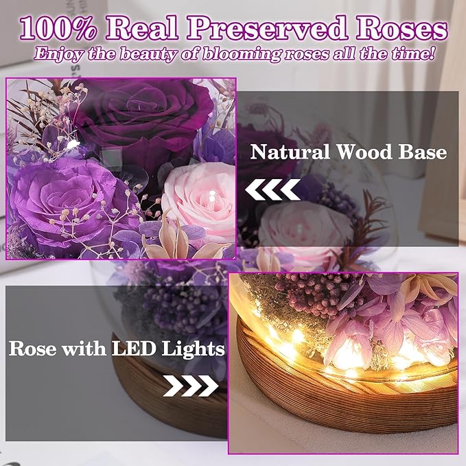 FIACO Mothers Day Flowers Gifts for Mom Flowers for Delivery Prime Birthday Gifts for Women Grandma Gifts Forever Preserved Fresh Eternal Rose in Glass Dome for Girlfriend Wife Her
