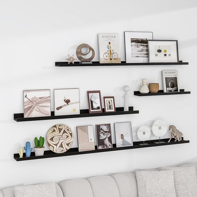 FLYJOE Picture Ledge Shelf Wall, 36 inch Solid Ash Wood Nursery Book Shelves 2 Packs, Floating Ledge Shelves for Kids' Room Bedroom Bathroom Living Room Photo Frames Office Nursey Wall Decor, Black