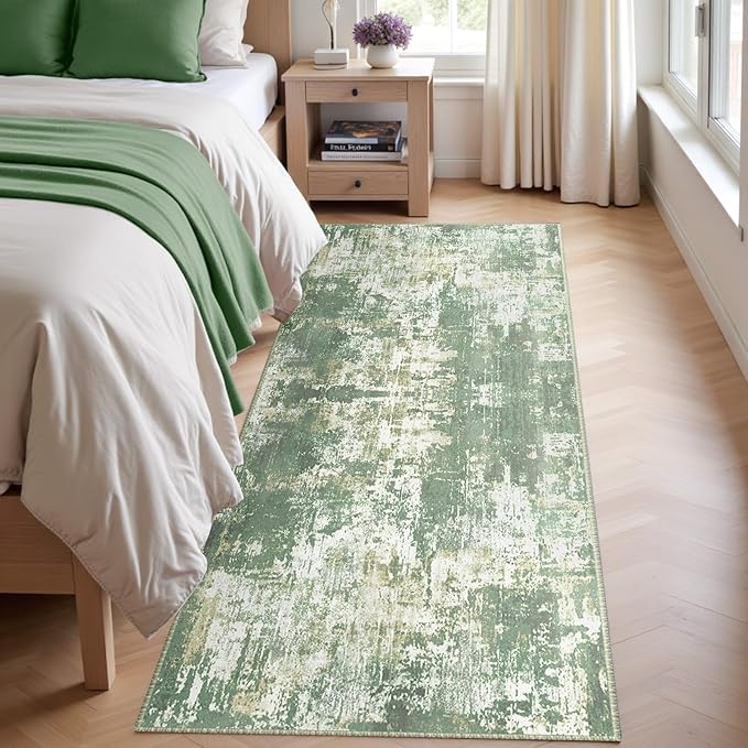 RELEANY Washable Area Rugs 2'x10' Non-Slip Modern Abstract Soft for Living Room Entryway Bedroom Nursery, Print Pattern, Light Green/Yellow