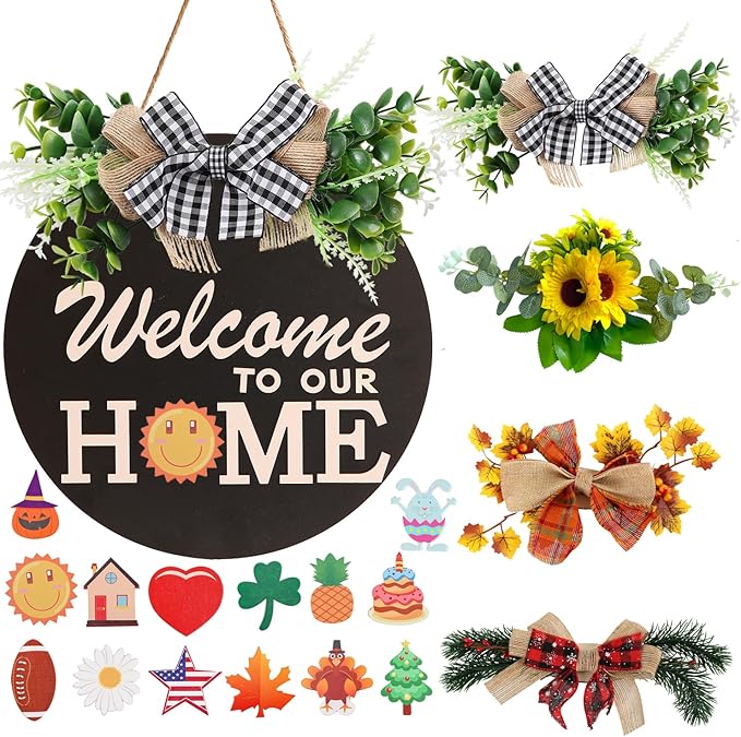Interchangeable Welcome Sign for Front Door Decoration with 4 Seasonal Wreaths and 14 Holiday Icons, Black Welcome Door Hanger, Rustic Wooden Front Porch Sign Home décor（Black）