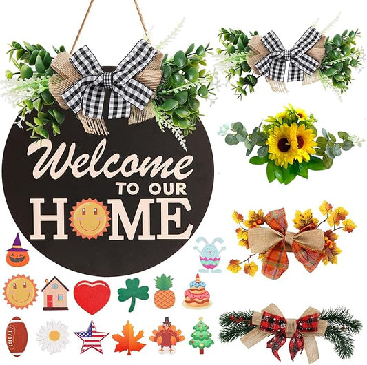 Interchangeable Welcome Sign for Front Door Decoration with 4 Seasonal Wreaths and 14 Holiday Icons, Black Welcome Door Hanger, Rustic Wooden Front Porch Sign Home décor（Black）