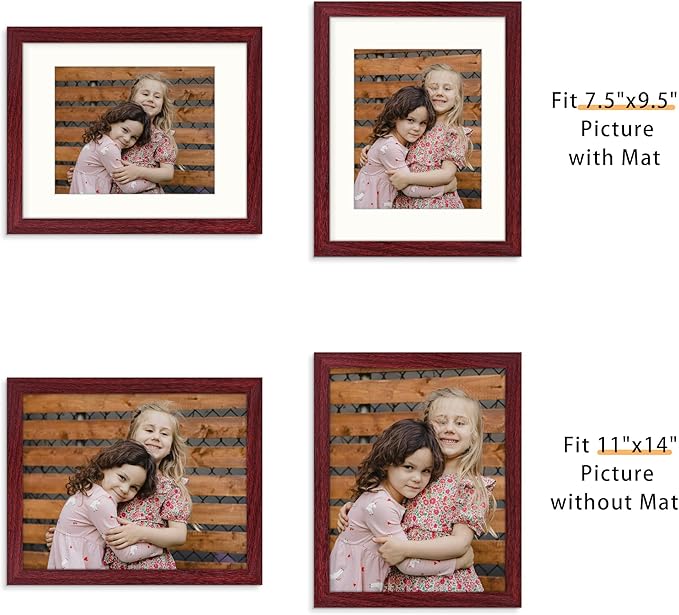 Picrit 11x14 Picture Frame Set of 12, Display 8x10 with Mat or 11x14 without Mat, Photo Frames for Wall Mounting or Table Top Display, Dark Red Wood