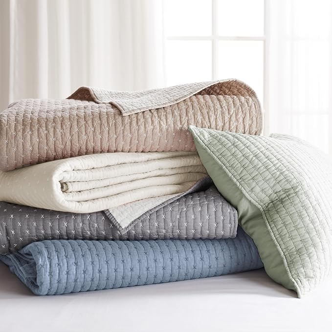 Levtex Home - Velvet Stitch Quilt Set - Full/Queen Quilt and Two Standard Shams - Cross Stitch Velvet - Chambray with White - Quilt (88x92in.) and Shams (20x26in.) - Reversible - Polyester