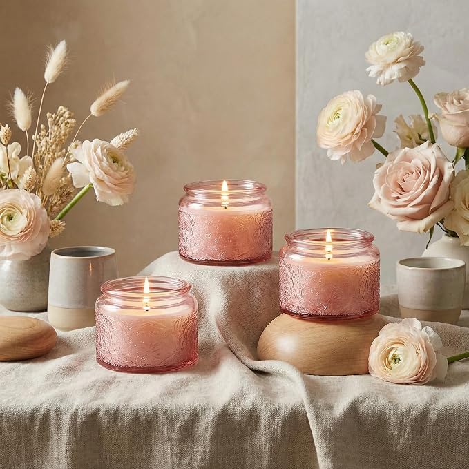 4 oz Pink Mandala Glass Candle Jars with Bamboo Lids, 18 Pack | Patented Embossed Design, Includes Wick Centering Devices & Warning Labels, Multiple Color Options
