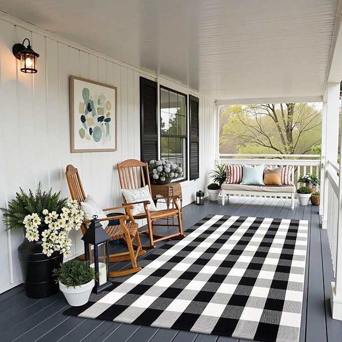 OLANLY Buffalo Plaid Rug 3' x 5' – Black and White Cotton Checkered Doormat, Washable Indoor Outdoor Rug for Layered Front Porch, Kitchen, Entryway Decor