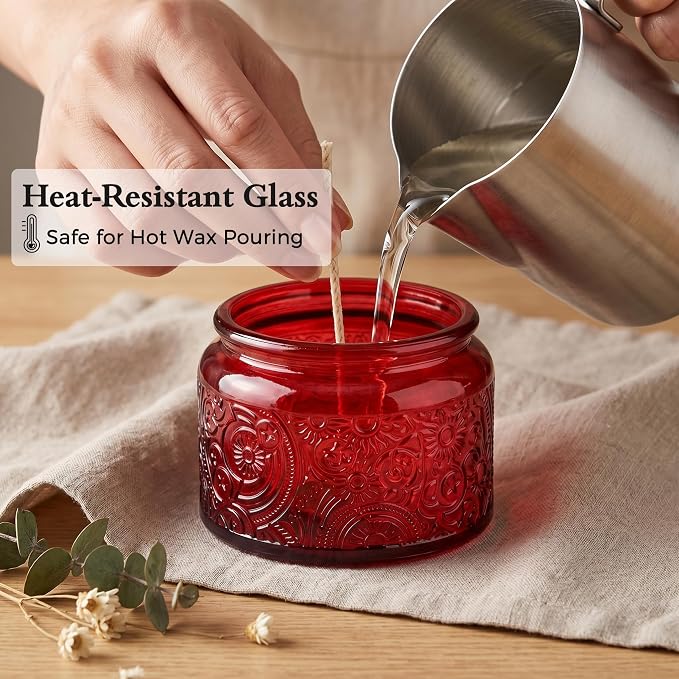 4 oz Red Sun Moon Stars Candle Jars with Bamboo Lids, 18 Pack | Patented Embossed Design, Includes Wick Centering Devices & Warning Labels, Multiple Color Options