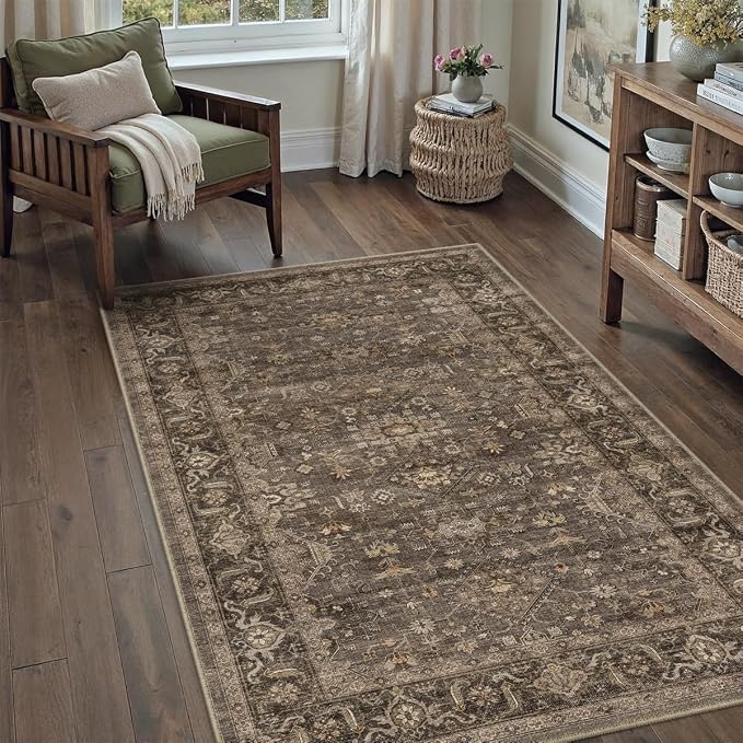 3x5 Washable Area Rug for Entryway Vintage Brown Non Slip Low Pile Carpet Traditional Retro Soft Throw Rug for Entrance Bathroom Door Mat Indoor Dorm Dining Room