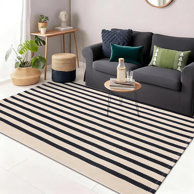 OLANLY Beige and Black Striped Rug 3' x 5' – Washable Cotton Doormat for Indoor Outdoor Use, Layered Front Porch Rug for Entryway, Kitchen, Patio