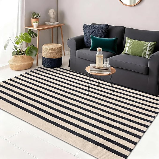 OLANLY Beige and Black Striped Rug 3' x 5' – Washable Cotton Doormat for Indoor Outdoor Use, Layered Front Porch Rug for Entryway, Kitchen, Patio