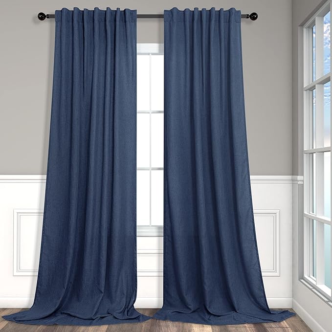 Navy Curtains 96 Inches Long for Kids Room 2 Panel Back Tab Pocket Drape Soft Cotton Textured Light Filtering Semi Privacy Sheer Dark Blue Linen Curtains for Living Room Boys Bedroom 52x96 Inch Length