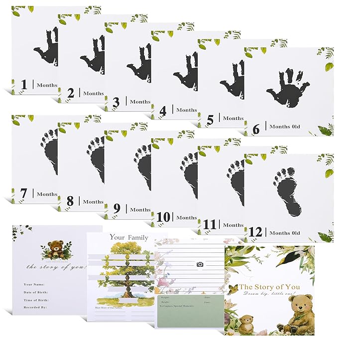 Keepsake Baby Memory Book for Boys and Girls, 1–12 Months Baby Hand and Footprint Kit, Timeless First Year Baby Book to Record Every Event, Newborn Baby Gifts for Mom/Parents (Card, Black)