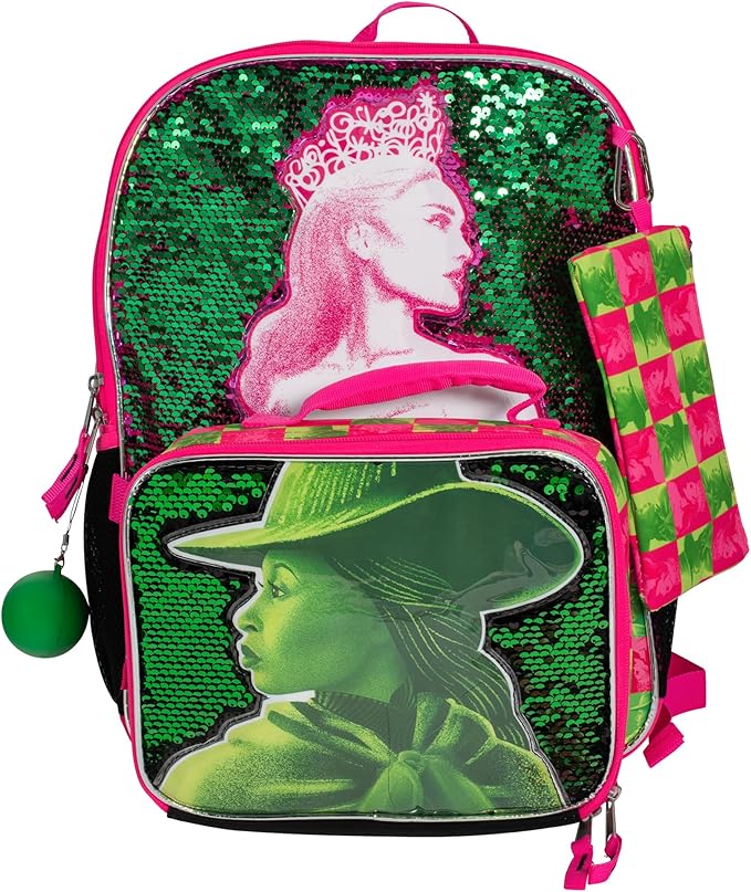 AI ACCESSORY INNOVATIONS Wicked 5 Piece Backpack Set, Galinda & Elphaba Flip Sequin Girls School Bag with Front Zip Pocket, 2 Side Mesh Pockets, Pink & Green