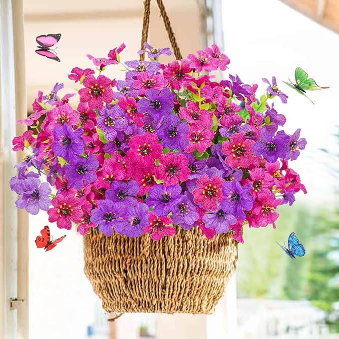Yastouay 12 Bundles Artificial Flowers for Outdoors, UV Resistant Artificial Outdoor Flowers No Fade Fake Outdoor Flowers Plants for Garden Porch Window Box Pot Planters Decor (Fuchsia+Rose Red)