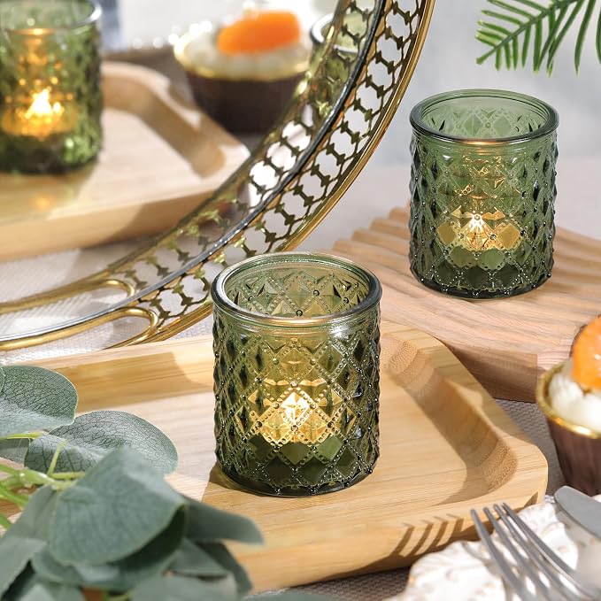 20 Pack Green Votive Candle Holders, Green Glass Candle Holder for Wedding Table Centerpiece, Glass Tea Lights Candle Holders for Baby Shower, Vintage Glass Candle Holders for Party Home Decor