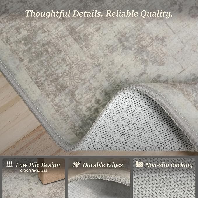 TALANOVA Bathroom Runner Rug 2x6, Washable Non Slip, Soft Stain Resistant for Kitchen, Hallway & Laundry Room, Greige, Warm Grey Granite, Vintage Mineral Geometric, Modern Farmhouse Rustic