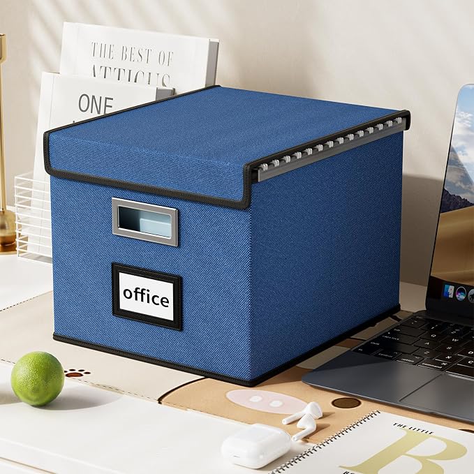 Decorative File Organizer Boxes Office Document Storage with Lids, Portable Collapsible Linen Hanging Filing & Storage Boxes for Office/Decor/Home (Royal Blue) -14.9 x 12.7 x 10.8 inch -2 Pack