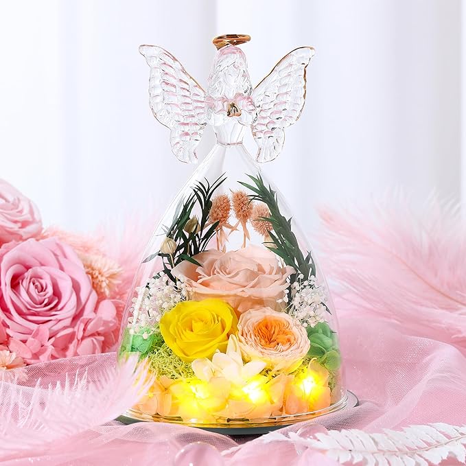 Mothers Day Rose Gifts for Women Preserved Real Flower in Glass Angel Figurines Roses for Delivery Prime Birthday Gifts for Mom Grandma Girlfriend Wife Her, Champagne Austin Roses