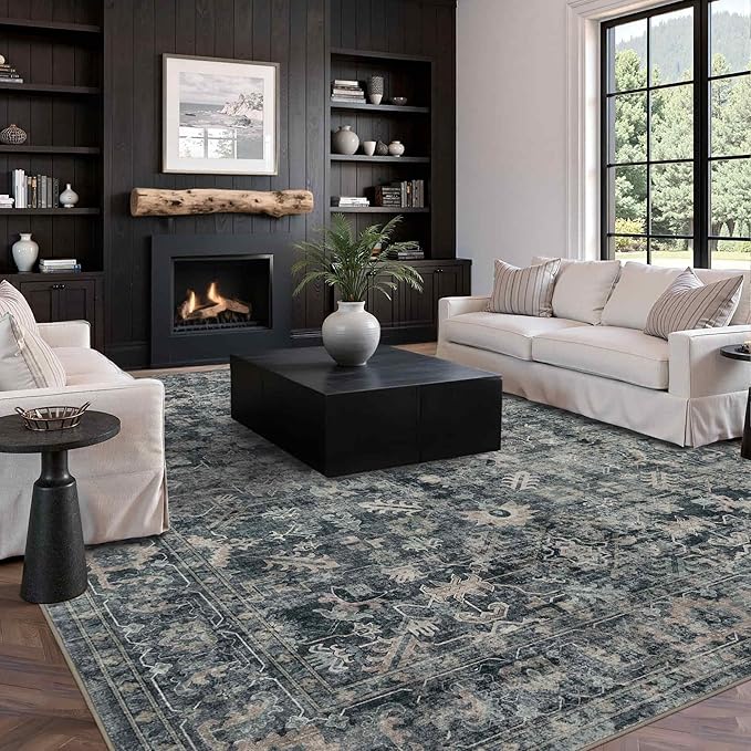 Rugxara 8x10 Area Rugs for Living Room Bedroom, Large Washable Rug, Blue Vintage Retro Boho Rug, Non Slip & Low Pile Faux Wool Thin Carpet for Indoor Dining Room and Kids Room(Blue 8x10ft)