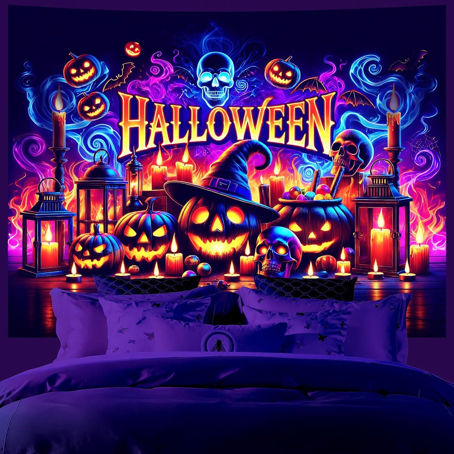 AOHMPT Glow-in-the-Dark Halloween Tapestry - UV Reactive Black Light Wall Hanging Decor for Spooky Parties, Bedroom, Living Room (Pumpkin, 79L x 59W, Unframed)