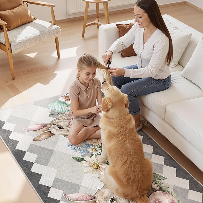 cotiled Area Rug for Living Room, Washable Non-Slip Large Area Rug, Indoor Floor Carpet Low Pile Soft Boho Farmhouse Rug for Bedroom Dining Room Grey 3x5