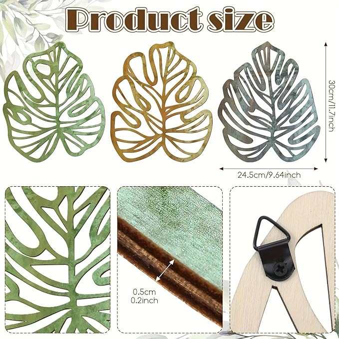 Palm Leaves Wood Wall Decor , 3Pcs Tropical Wall Art Jungle Decor, Wooden Natural Leaves Plant Wall Decor, Vintage Tropical Plant Plaque for Home Living Room Kitchen Bedroom Bathroom & Garden, Yellow&Blue&Green