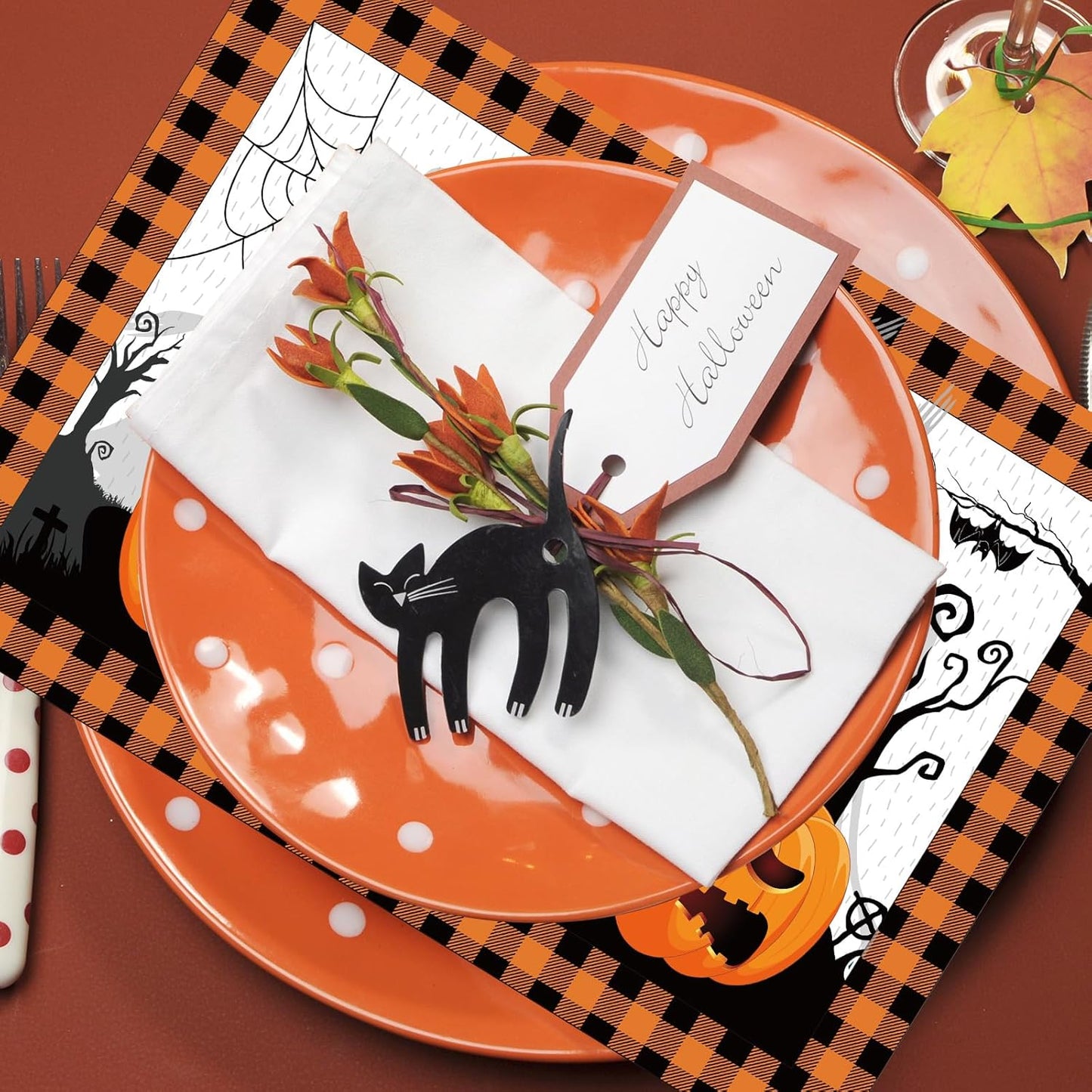 Honoson 100 Pieces Halloween Placemats Happy Halloween Fall Pumpkin Placemats Paper Halloween Place Mats Spooky Ghost Buffalo Plaid Kitchen Mat Double Sided Dinner Table Mats, 14 x 10 Inch