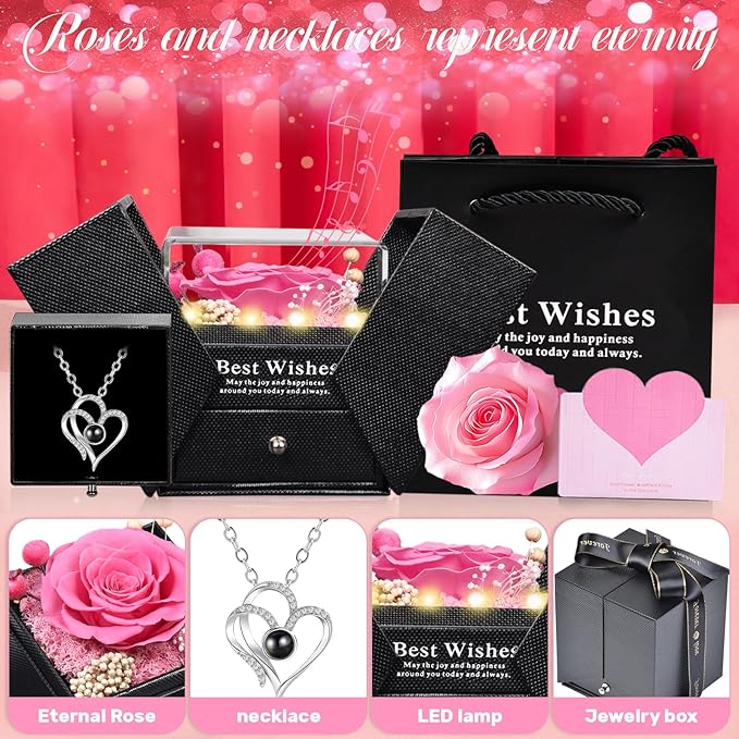 Pasuvsigt Valentines Day Rose Gifts for Her, Preserved Real Rose with I Love You Heart 100-Language Necklace, LED Lights & Music Box, Anniversary Birthday Valentines Gifts for Women Girlfriend Mom